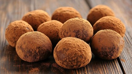 Delicious Chocolate Truffles Dusting Cocoa Powder on Wooden Table