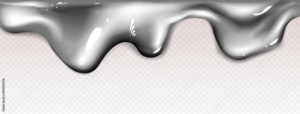 Poster silver liquid drip border with flowing metallic substance on transparent background. glossy chrome e