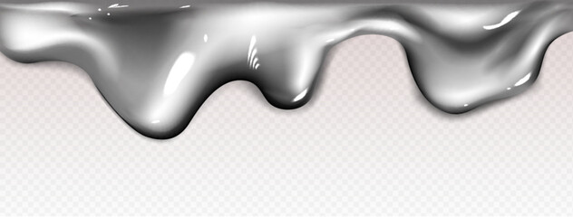 Silver liquid drip border with flowing metallic substance on transparent background. Glossy chrome edge element with wavy pattern and reflective highlights. Realistic smooth molten boundary design.