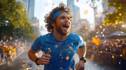 joyful runner crosses the finish line, celebrating his achievement amidst a jubilant crowd. Colorful confetti fills the air as the sun shines brightly on the cityscape