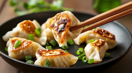 Elegant composition showcasing a plate of crisp pan fried dumplings with chopsticks delicately lifting one to reveal the golden crispy underside  The dumplings are artfully arranged with green onions