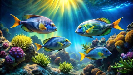 Fototapeta premium Vibrant Reef Inhabitants Sunlit Aquatic Scene Featuring Four Striking Fish and Lush Coral