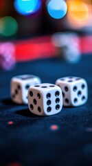 Close-up of three white dice on a dark surface, with blurred bokeh lights in the background, suggesting a casino setting.