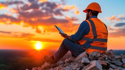 construction worker in an orange safety helmet and vest sits on a pile of rocks, focused on a tablet while the sun sets behind him, casting beautiful colors across the sky