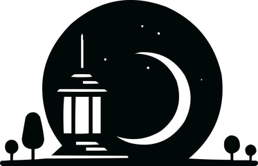 Obraz premium Minimalist Mosque and Crescent Moon Night Scene