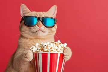 Concept of a Playful Movie Night with a Chubby British Shorthair Cat Wearing 3D Glasses and Holding Popcorn, Cinematic and Funny Theme