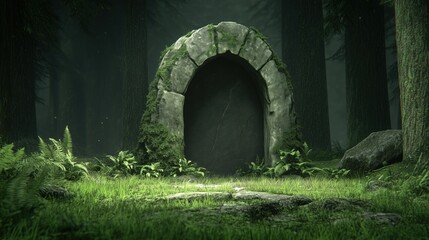 stone archway draped in moss stands in a serene forest. Tall trees surround the entrance, while ferns and lush grass create a tranquil setting under dappled light
