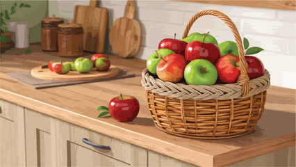 Apples in wicker basket on table in kitchen vector design, Red Apple Illustration vector design