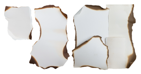 Burned and torn paper pieces in different shapes isolated on transparent background