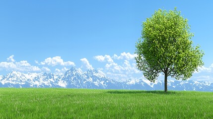 Fototapeta premium Single Green Tree in a Flowery Field with Mountain Background