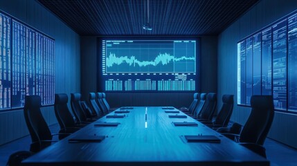 Futuristic Conference Room with Data Analytics Visualization