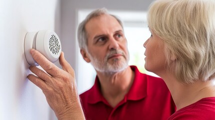 A senior couple reviewing their carbon monoxide detector placement. Featuring safety and aging in place