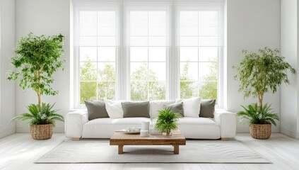 White living room with large windows and plants