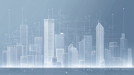 Naklejka premium Abstract architectural blueprint of a modern city skyline with network connections