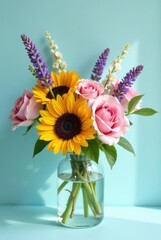Naklejka premium A vibrant summer bouquet of sunflowers, roses, and wildflowers arranged in a clear glass vase against a serene aqua backdrop