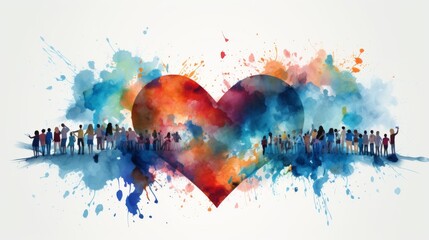 Vibrant Watercolor Heart with Diverse Crowd for Humanitarian Day