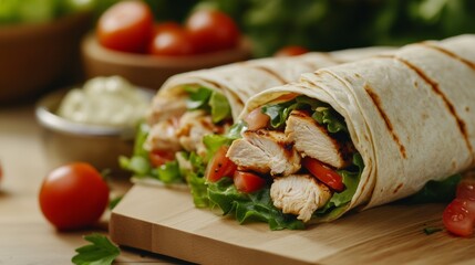 School cafeteria with students enjoying chicken wraps. Featuring grilled chicken, lettuce, and tortilla wraps