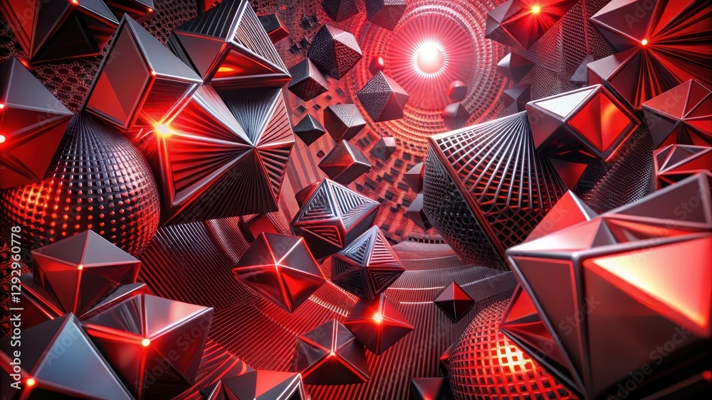Wall mural geometric shapes in vibrant red and black hues against a dynamic abstract background with swirling p