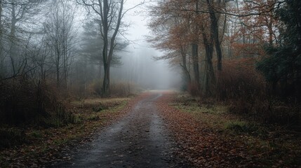 Obraz premium Misty Forest Pathway Surrounded by Autumn Leaves and Fog