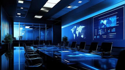 Modern Conference Room with Blue Lighting and Digital Displays