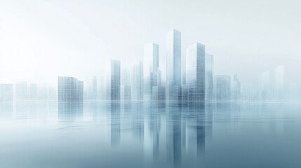 Abstract city skyline with reflective surface in a light blue tone and delicate line rendering