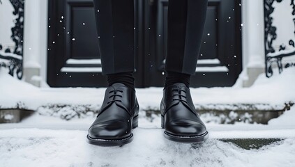 Black shoes on snow, winter, snowfall, elegant man