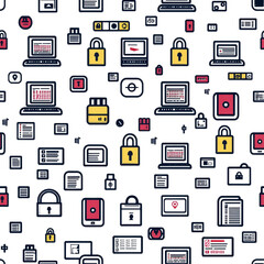 Flat style seamless pattern of hacker icons, isolated on white background, including laptops, locks, and binary code  PNG