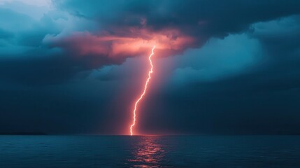 Obraz premium Dramatic Lightning Strike Illuminates Dark Storm Clouds Above Calm Waters at Dusk