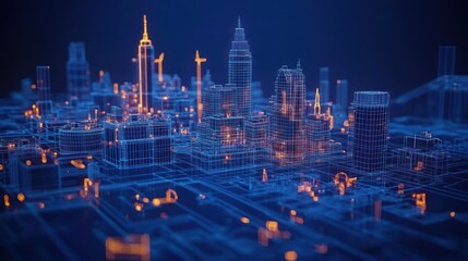 Abstract cityscape, digital representation of a city with glowing lines and wireframe buildings.