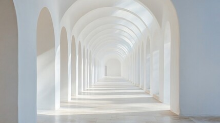 Fototapeta premium A long corridor of white arches creates an endless perspective with light and shadow