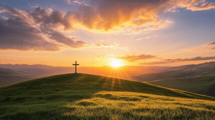 Obraz premium Sunset Silhouette: A serene hilltop at sunset, featuring a simple cross silhouetted against a radiant sun, painted with warm hues.