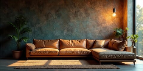 Sunlit Modern Living Room with Tan Leather Sectional Sofa and Lush Greenery