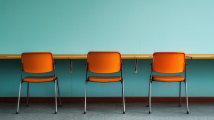 A minimalist interior featuring three orange chairs against a light blue wall, emphasizing simplicity and modern design.