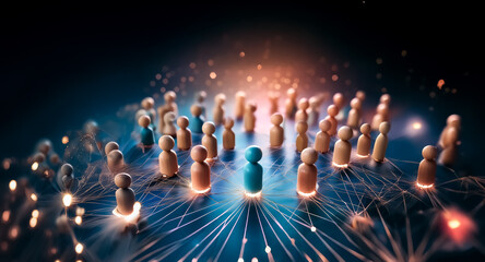 Wooden figures interconnected by bright lines, one blue figure prominently highlighted amongst brown figures, representing leadership and digital networking.
