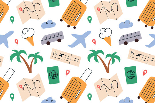 Travel pattern with suitcase, map, airplane ticket, passport, and palm trees doodles. Fun ornament for tourism, vacation planning, summer trips, traveling vector illustrations, seamless background