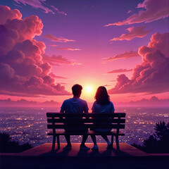 Obraz premium The silhouette of two sitting on a bench staring at a beautiful sunset sky with dramatic, swirling clouds of purple, pink and orange