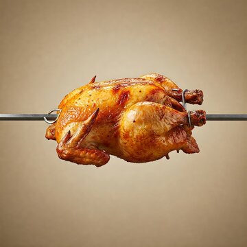 professional image showcasing a single roasted chicken, positioned horizontally on a large metal skewer