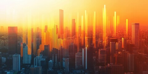 Urban Silhouette at Sunset: A mesmerizing cityscape silhouette basks in the radiant glow of a setting sun, its towering skyscrapers and buildings outlined against a vibrant orange and gold sky.