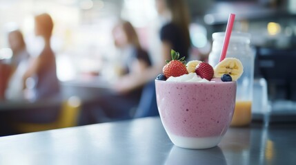 School cafeteria with students enjoying fresh fruit smoothies. Featuring strawberries, bananas, and yogurt
