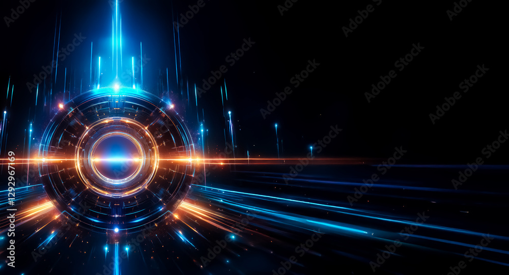 Wall mural futuristic abstract design featuring a glowing circular element with blue and orange lights against 