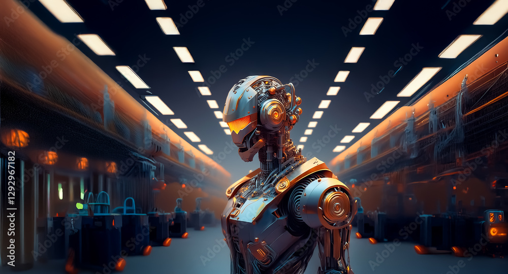 Poster metallic humanoid robot with orange glowing eyes stands in a futuristic corridor with bright ceiling