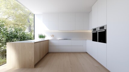 Modern kitchen design, sunlight, garden view, minimalist style, home interior