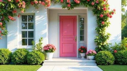 Fototapeta premium A charming house entrance with a vibrant pink door, adorned by lush greenery and blossoming climbing flowers, creating a welcoming and idyllic home exterior scene.