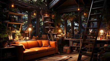 Cozy Treehouse Retreat: A Serene Evening in a Rustic Cabin