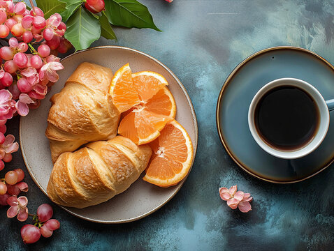 Food photo: balanced breakfast with fruit on the table, light-filled photo.