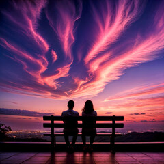 Obraz premium The silhouette of two sitting on a bench staring at a beautiful sunset sky with dramatic, swirling clouds of purple, pink and orange