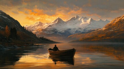 A fisherman gazes at the mountains beyond the lake, his boat still, as the setting sun paints the water gold.