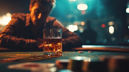 A Pensive Young Caucasian Male Gambler Contemplates Life Over a Glass of Whiskey While Surrounded by a Lively Casino Atmosphere Full of Poker Chips and Dim Lighting