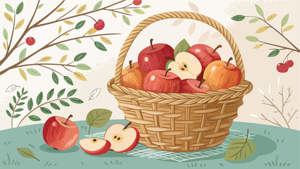 Apples in wicker basket with Apple Slice on table in Natural background vector design, Red Apple Illustration vector design