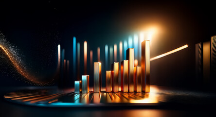 Abstract golden bar chart on a dark stage with bright light effects, representing growth and success in a futuristic and modern style.